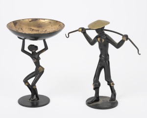 RICHARD ROHAC Austrian patinated brass African tribal trinket bowl and Chinese figural jewellery stand, mid 20th century, (2 items), stamped "R. R. Made in Austria", the larger 12cm high.