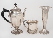 Antique sterling silver christening mug, sterling silver bachelor teapot and a German 925 silver vase, 19th/20th century, (3 items), the largest 19cm high, 488 grams total including wooden handle.