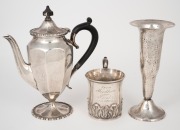 Antique sterling silver christening mug, sterling silver bachelor teapot and a German 925 silver vase, 19th/20th century, (3 items), the largest 19cm high, 488 grams total including wooden handle. - 2
