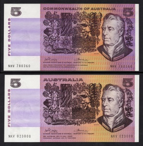 1974 FIVE DOLLARS (R.205) Phillips/Wheeler, (Reserve Bank), (2) with prefixes NHV and NKV, Unc.
