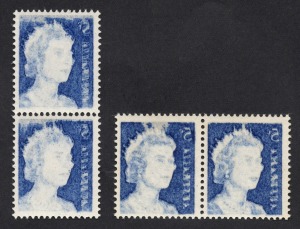 1967 (SG.386c var.) 5c deep blue Queen, a horizontal pair and a vertical pair, all units with STRONG OFFSETS [BW: 444c], fresh MUH. (4).