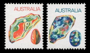 1973 (SG.550a and 551a) 7c Agate and 8c Opal, both with "Black omitted" (denominations & title); accompanied by the normal issues for comparison. (4) MUH. Cat.&pound;520. BW: 642c & 644c).