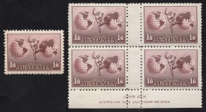 1934 (SG.153) No wmk 1/6 claret Hermes, MUH single plus Ash Imprint blk.4 with variety "Retouched shading top left of right-hand globe" [BW:161za] one unit with light gum tone, MUH. (5).