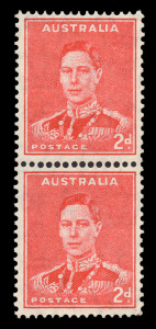 1941 (SG.184a) 2d Scarlet KGVI Coil perforation pair, with large and small holes, (2) MUH. BW: 188bl - $750.