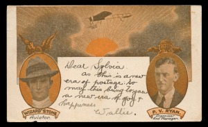 Aerophilately & Flight Covers: June 1914 (AAMC.2) Melbourne - Sydney, special card prepared for the first official airmail flight, to be piloted by "Wizard" Stone; with 1d adhesive tied by SYDNEY roller cancel; Sydney address; manuscript notation in messa