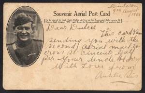 Aerophilately & Flight Covers: August 1919 (AAMC.22a) Minlaton - Adelaide, flown special postcard with hand-written message headed "Minlaton 9th August 1919" with the message "Dear Dulcie, This card I am sending you with the second aerial mail to cross St