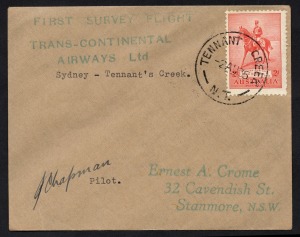 Aerophilately & Flight Covers: 2 August 1935 (AAMC.520a) Sydney - Tennant Creek flown cover, carried and signed by the pilot, J. Chapman on a Survey Flight for Australian Transcontinental Airways. [Believed to be one of 6 flown to each port-of-call.]