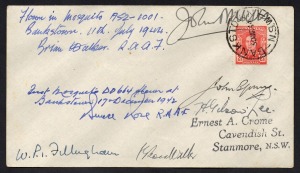 Aerophilately & Flight Covers: 11 July 1944 (AAMC.976a) One of 23 covers flown on the first RAAF "Mosquito" A52-1001, signed by RAAF pilot, Brian Walker and more than 30 others who witnessed the event.