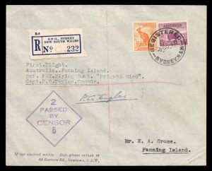 Aerophilately & Flight Covers: 10 Nov. 1944 (AAMC.982) Sydney - Fanning Island, registered cover, flown and signed by the pilot, P.G. Taylor aboard his Catalina "Frigate Bird" with Fanning Island arrival backstamp. (One of only 15 flown).