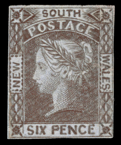 NEW SOUTH WALES: 1852-53 (SG.76) 6d grey-brown "Laureate", Plate 1, an early impression on bluish wove unwatermarked paper, Unused. With Ceremuga Certificate [2012] stating that the stamp is genuine (position 19); adding that there are several repairs. Ca