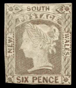 NEW SOUTH WALES: 1852-53 (SG.78) Imperforate 6d grey-brown, on unwatermarked paper, margins close-to-touching on 3 sides. Cat.&pound;5,500.