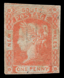 NEW SOUTH WALES: 1854 (SG.83) Imperforate 1d orange-vermilion on double-lined numeral wmk paper, Unused; margins all sides, touching at lower right. Cat.&pound;650.