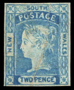 NEW SOUTH WALES: 1854 (SG.85) Imperforate 2d Prussian-blue on double-lined numeral wmk paper, with large part o.g. and nice margins all sides; a natural paper crease runs vertically through the stamp, mainly visible from the back. Cat.&pound;500.