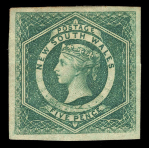 NEW SOUTH WALES: 1854-59 (SG.88) Imperforate 5d dull green Diadem, on double lined watermark paper, with full o.g. but with creases (visible only from the back). Accompanied by RPSV Certificate [2015]. Cat.&pound;2,000.