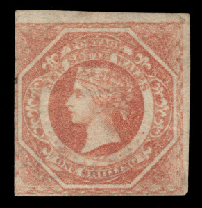 NEW SOUTH WALES: 1854-59 (SG.101) Imperforate 1/- Brownish-red Diadem, on double lined watermark paper, Unused, with Stolow guarantee stamp verso. Good margins top and right; close at base, and cut-into at left. Cat.&pound;5,500.