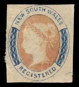 NEW SOUTH WALES: 1856-59 (SG.102) Imperforate (6d) vermilion & Prussian blue, no wmk; with clear-to-good margins, but with a small tear at lower right, not affecting the printed portion; Unused. Cat.&pound;3,000.