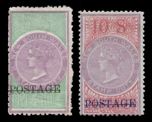 NEW SOUTH WALES: 1885-86 (SG.238b) 5/- lilac & green, perf.12 x 10, overprinted "POSTAGE" in black, Unused; together with the 10/- mauve & claret, perf.12 (SG.241b) overprinted "POSTAGE" in blue, Mint, with full o.g. (2). Cat.&pound;1,300.
