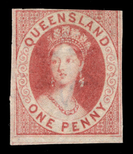 QUEENSLAND: 1860 (SG.1) 1d carmine-rose Queen Victoria Chalon portrait; Unused, with three good margins; touches at top right. Accompanied by Ceremuga Certificate [2016] stating "Genuine in all respects....Extremely rare in (*) condition....fresh & strong
