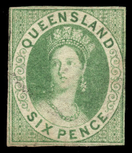 QUEENSLAND: 1860 (SG.3) 6d green, Imperforate on Large Star paper; margins close all round; a few small imperfections but a very rare Unused example. Cat.&pound;11,000.