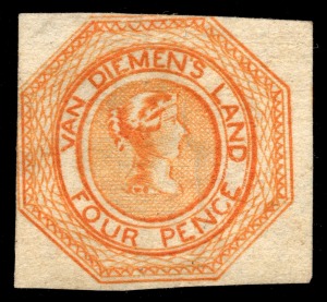 TASMANIA: 1853 (SG.10) Courier 4d Orange, Plate 11, early impression, medium hard paper, with vertical pre-printing paper wrinkle, as detailed in the accompanying Ceremuga Certificate [2010] which identifies this as "Genuine in all respects, position 16";