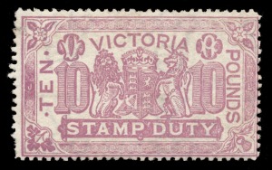 VICTORIA: 1900s (SG.279 reissue; Scott AR54) &pound;10 lilac Arms, typographed, perf.11, watermarked V over Crown upright; good colour; minor surface scuff at upper left, otherwise fine and scarce, Unused with some o.g. With [2016] Ceremuga Certificate (identif
