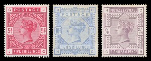GREAT BRITAIN: 1883-84 (SG.178, 181 & 183a) White paper, 2/6 lilac, 5/- crimson and 10/- pale ultramarine, large part o.g.; good appearance, minor imperfections. (3). Cat.&pound;4,075.