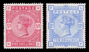 GREAT BRITAIN: 1883-84 (SG.180, 183) White paper, 5/- rose, and 10/- ultramarine, large part o.g., fine and fresh. Cat.&pound;3,350.