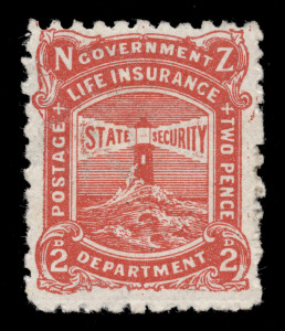 NEW ZEALAND: LIFE INSURANCE: 1905 (SG.L21) 2d brown-red, redrawn with "V.R." omitted from the design, a fine unused example with part o.g. An attractive example of this rarity. Cat.&pound;2,000.