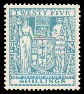 NEW ZEALAND: POSTAL FISCAL: 19431-40 (SG.F159) 25/- greenish-blue, a lovely MLH example. Cat.&pound;700.