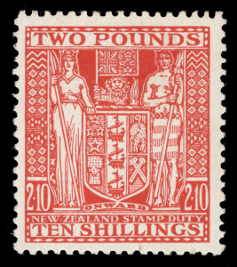NEW ZEALAND: POSTAL FISCAL: 1940-58 (SG.F207) TWO POUNDS, TEN SHILLINGS (&pound;2/10/-) deep red, fine MVLH (almost **).