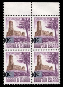 NORFOLK ISLAND: 1966 (SG.65 var.) 10c on 10d Salt House, upper marginal blk.(4) all units with dramatically misplaced "10c" surcharge, MUH.