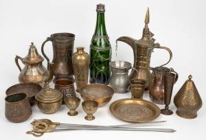 Assorted antique and vintage Indo-Persian metal ware including teapot, coffee pot, bowls, skewers etc., mixed vintages and origins, (22 items), ​​​​​​​the largest 30cm high.