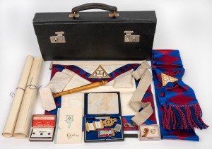 MASONIC INTEREST including 3 x 9ct gold studs (2.8 grams), silver gilt medals, documents, gavel, etc, (qty).