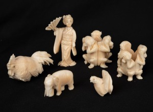 Assorted Chinese and Japanese carved ivory miniature ornaments, the largest 6cm high.