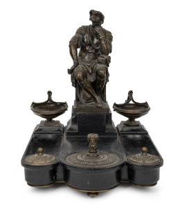 An antique French figured bronze and slate desk set with an imposing cast bronze seated classical figure, 19th century, stamped with the Parisian "Barbedienne" foundry mark, ​​​​​​​35cm high, 27cm wide, 37cm deep.