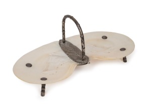 KWAN WO antique Chinese export silver and pearl shell savoury dish, housed in original fitted teak case, 19th/20th century, stamped "K.W." with additional seal mark, 15cm high, 34.5cm wide.