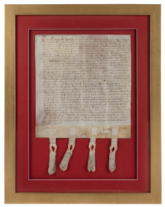 An antique indenture dated August 1672 on vellum, attractively framed and mounted, 54 x 43cm overall.