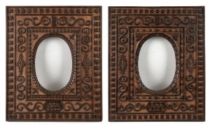 A pair of antique French folk art timber picture frames, 19th century, 47 x 39cm each overall, internal 24 x 16.5cm.
