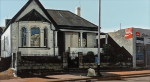 JOHN MEYER (South Africa, 1942 - ), Next To Leon's, acrylic on panel, signed lower right John Meyer, Pieter Wenning Gallery label verso, 28 x 51cm, 49 x 72cm overall.