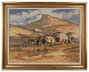 DOUGLAS TREASURE (South Africa 1917-1995), (African village scene), oil on canvas, signed lower left "Douglas Treasure", titled verso (illegible), ​​​​​​​34 x 44cm, 43 x 53cm overall.
