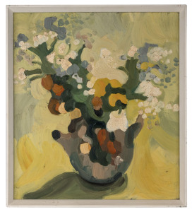 JOAN KLOPPER (South Africa), (floral still life with teapot), oil on canvas on board, signed lower right and verso, 45 x 40cm, 49 x 43cm overall.