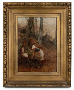 DAVID BATES (1840-1921), Mother and Child Gathering Wood, oil on canvas laid down on board, signed lower right "David Bates, 1860", ​​​​​​​31 x 22cm, 46 x 37cm overall.