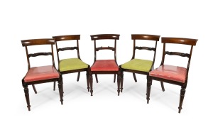 Five antique English spade back dining chairs, comprising of four in mahogany and one in rosewood, early to mid 19th century.