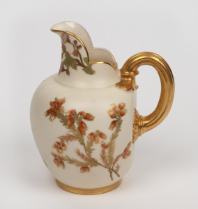ROYAL WORCESTER antique English floral porcelain jug with gilt highlights, puce factory mark to base, 15cm high