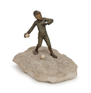 BERGMANN antique Austrian cold painted bronze statue of a boy throwing snowballs, mounted on stone base, circa 1900, 8.5cm high