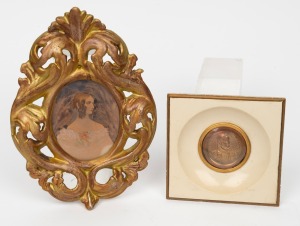 A framed medallion portrait of Mary Queen of Scots; together with a miniature portrait with hand-painted finish in Florentine frame of Caroline Cowie, (2 items), the larger 21 x 16cm overall
