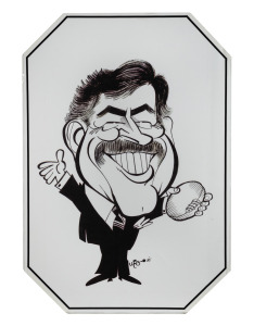 Group of items from AFL CEO Ross Oakley's December 1996 retirement gala at the NGV Great Hall, comprising 46 x 65.5cm WEG podium decoration, 40.5 x 60cm career retrospective reproduction, Oakley's invitation to the event, and fourteen photographs taken during the festivities (of note a photograph of Mike Brady playing guitar beside said WEG podium decoration). (18 items)