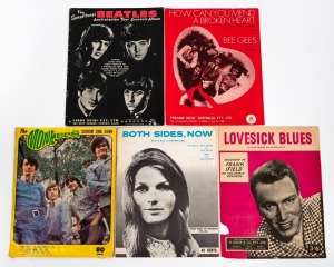 Group of five c. 1960s paperback songbooks, comprising 'The Sensational Beatles Australasian Tour Souvenir Album', Bee Gees 'How Can You Mend A Broken Heart', 'The Monkeys Souvenir Song Album', Joni Mitchell 'Both Sides, Now', and 'Lovesick Blues' by Cliff Friend and Irving Mills.