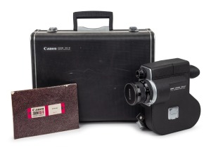 CANON: Zoom DS-8 double-8 movie camera [#101554] with Canon C-8 7.5-60mm f1.4 lens [#101309], Canon lens cap, Canon Scoopic Battery Charger-S, two Canon 12v rechargeable batteries, instruction booklet, and Canon hard case with keys, c. 1970.