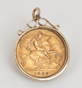 A 1905 half sovereign mounted in 9ct yellow gold as a pendant, ​​​​​​​4.7 grams total.